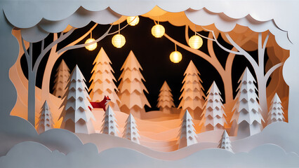 paper cut 3d magical winter forest diorama with glowing lanterns and fox