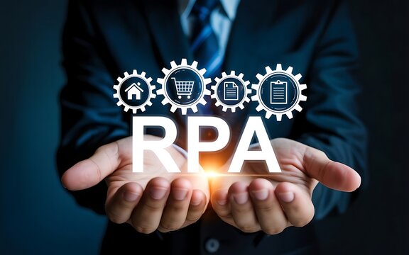 Robotic Process Automation Workflow with Gears, Human Hands, and Digital Icons for Home, Cart, Document, and Checklist. - Powered by Adobe