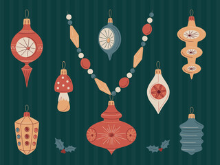 Retro Christmas decoration set in classic mid-century modern style. Playful nostalgic shapes and warm holiday charm on a textured blue backdrop, for greeting cards and timeless graphic design projects