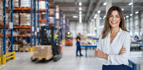 Happy woman warehouse manager standing near cardboard boxes background. Logistic commercial storage...