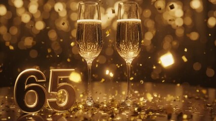 Golden sparkling celebration scene with two champagne glasses and a large “65” sign, surrounded by festive confetti and warm bokeh lights.