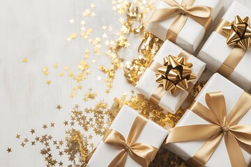 golden gift box with ribbon Merry Christmas and Happy Holidays greeting card, frame, banner. New Year. Noel. Red and white Christmas decorations and g top view. Winter xmas holiday celebration