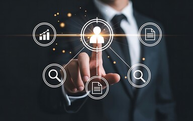 Business professional using futuristic digital interface for advanced tech and business visualization