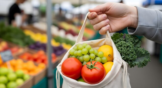 Person carries fresh produce in reusable bag at farmers market. - Powered by Adobe