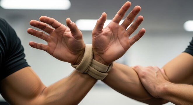 Martial arts defense technique showing restrained hands during self defense training session close up
