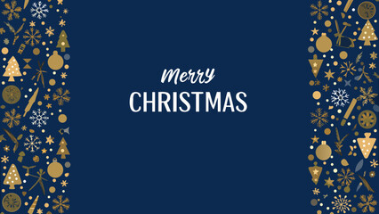 Merry christmas text on a blue background with golden christmas decorations on the left and right sides