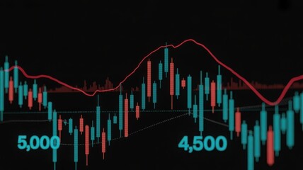 Abstract representation of market trends with fluctuating data and numeric indication on black background.