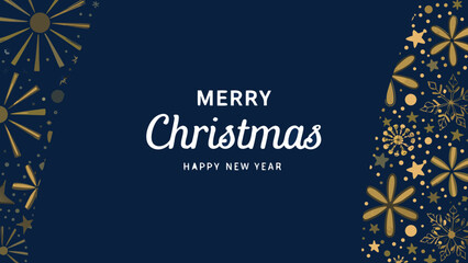 Festive christmas and new year greeting card with golden snowflakes and stars on a navy blue background