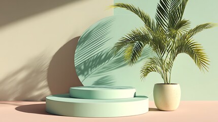 Pastel green minimalist composition, three circular platforms layered at center, palm leaves in pot at side, gentle warm lighting