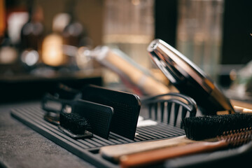 Men barbershop tools and accessories on counter
