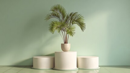 Mint tone background, circular triple pedestal with potted palm, smooth studio glow, simple elegance
