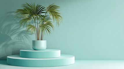 Mint tone background, circular triple pedestal with potted palm, smooth studio glow, simple elegance