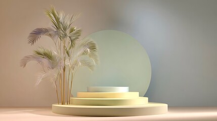Minimal sage pastel display scene, round three-step stage, palm decor beside, gentle light gradients
