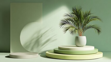 Green pastel minimalist setup, layered circular podiums, palm in pot, soft white light reflection