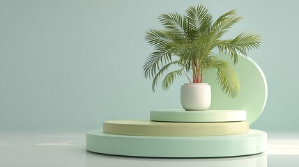 Fototapeta premium Green pastel minimalist setup, layered circular podiums, palm in pot, soft white light reflection