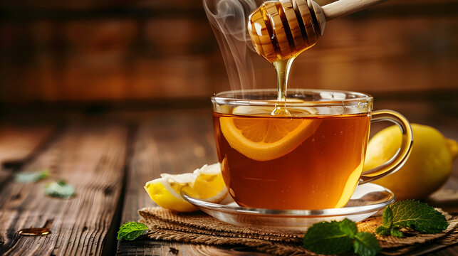 Steaming herbal tea with lemon and fresh mint on rustic wooden table
