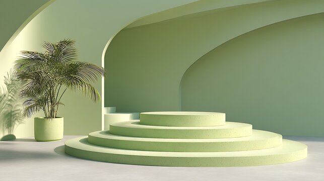 Soft pastel green minimalist stage, round layered podium, palm plant on left, calm and luxury vibe