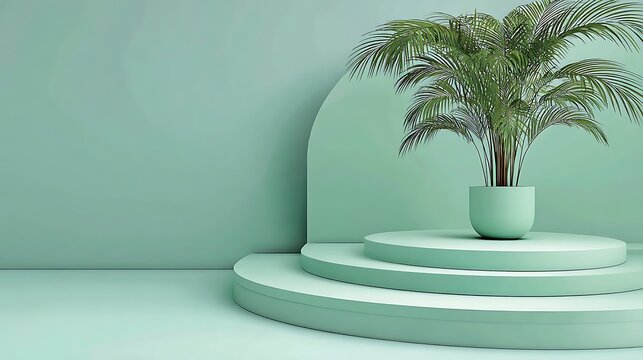 Soft pastel green minimalist stage, round layered podium, palm plant on left, calm and luxury vibe