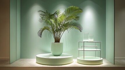 Soft mint minimalist display, circular triple stand, potted palm beside, diffused glow
