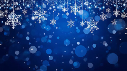 Beautiful winter wonderland with delicate snowflakes falling against a vibrant blue backdrop creating a festive and magical atmosphere for holiday designs