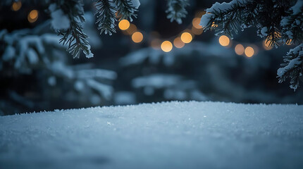 Magical winter scene with snow-covered branches and twinkling lights, perfect for holiday greetings and festive backgrounds for your seasonal designs
