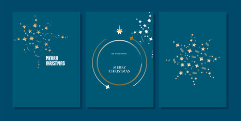 Festive teal christmas cards with golden stars and holiday greetings