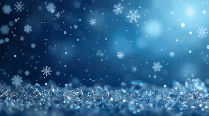 Sparkling ice crystals and snowflakes falling in a dreamy blue winter wonderland, perfect for seasonal greetings and holiday magic, festive designs