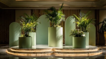 Pastel green elegant display, circular podiums, palm accent, smooth lighting reflection