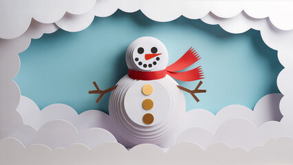 paper cut 3d snowman scene with red scarf and layered winter hills