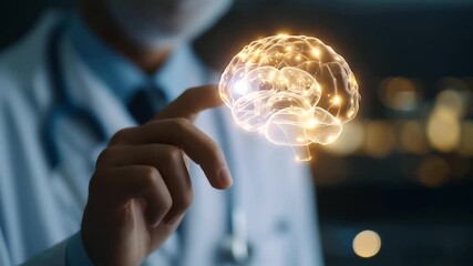 Faceless doctor surgeon analyzing patient brain testing result and human anatomy on technological digital futuristic virtual computer interface digital holographic innovative sci - Powered by Adobe