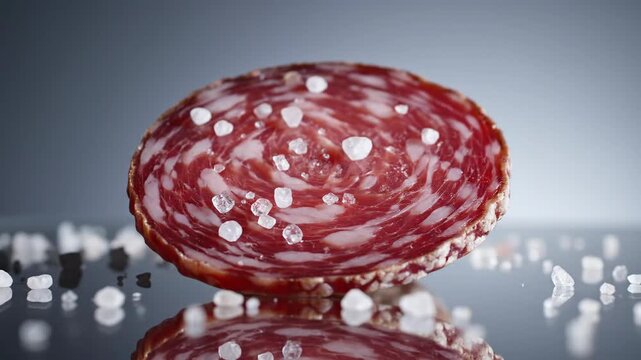 Single slice of cured sausage with coarse salt crystals on reflective surface studio shot food ingredient