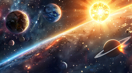 Celestial beauty: artistic depiction of solar system alignment featuring earth