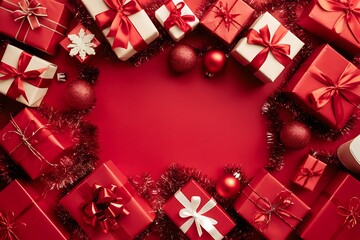 christmas background with gift boxes Merry Christmas and Happy Holidays greeting card, frame, banner. New Year. Noel. Red and white Christmas decorations and g top view. Winter xmas holiday celebratio