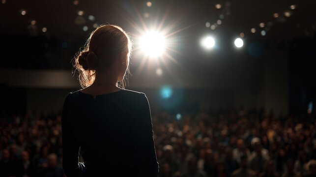A Glimpse of Insight: A woman stands center stage, bathed in the radiant glow of a spotlight, captivating an audience in a darkened auditorium. Reflecting leadership, confidence.