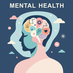 Mental Health, Wellbeing, Psychology, Brain, Human Head, Minimalist, Vector, Flat Design, Pastel Palette, Muted Color, Emotional Health, Self Care, Mindfulness, Balance, Inner Peace, Consciousness, Ab