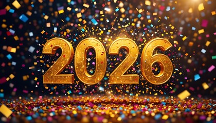 2026 bold golden text with vibrant confetti storm, bright celebration background"
