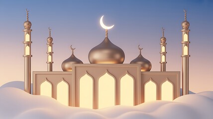 Golden mosque with crescent moon on top against a sky background with fluffy white clouds below