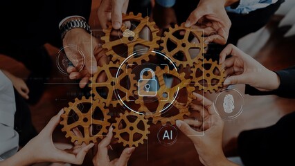 Hands gather around interconnected gears, symbolizing teamwork and innovation. Digital icons represent security and technology, highlighting collaboration in a modern workspace. Raster