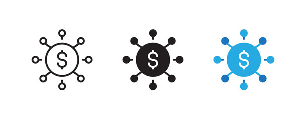 Financial network icon set. Currency, dollar sign. Connection symbol. Black and blue color. Finance, money, communication, business. Editable stroke.Vector illustration.Isolated on a white background.