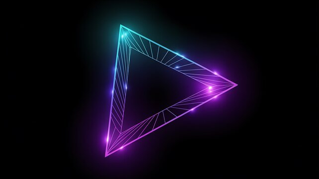 A glowing triangle shape with a wireframe design in neon colors against a black background space - Powered by Adobe