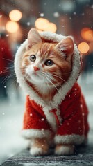 Adorable cat in fluffy Santa outfit sitting on snowy ground, warm glowing highlights, gentle snowfall, cozy festive atmosphere ideal for seasonal promotions