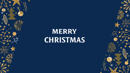 Merry christmas illustration with gold ornaments and snowflakes on a dark blue background for holiday cheer