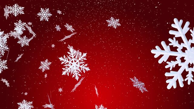 Festive red New Year background with a large snowflake on the right and smaller white snowflakes gently flying across to the left, creating a cozy winter holiday atmosphere with central copy space