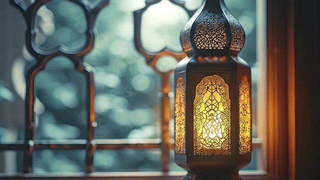 An ornate metal lantern glows on a windowsill before a decorative window with a view of blurred greenery
