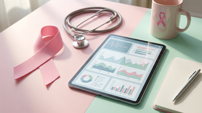 Digital health and medical technology concept with a tablet displaying health data alongside a pink ribbon symbolizing breast cancer awareness and a stethoscope