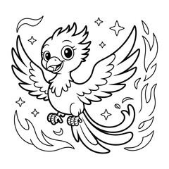 Fototapeta premium Cute cartoon phoenix in flight surrounded by stars and flames