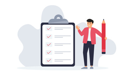Modern task management illustration showing a man with a pencil beside a large checklist clipboard symbolizing productivity planning organization workflow tracking and efficient work management