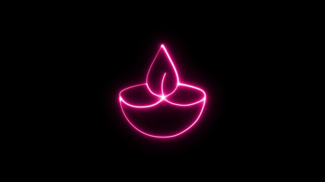 Glowing neon colorful neon pink traditional diya lamp icon representing indian spirituality, light, happiness, and diwali festival celebration, isolated on black background
