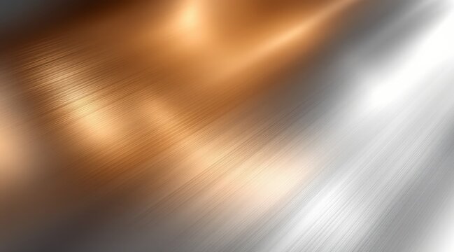 Polished metallic surface shimmering with diagonal brush strokes and a luxurious copper and silver gradient for modern design concept and digital elegance