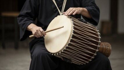 Musician in traditional clothing calmly playing a hand drum on a blurred outdoor background